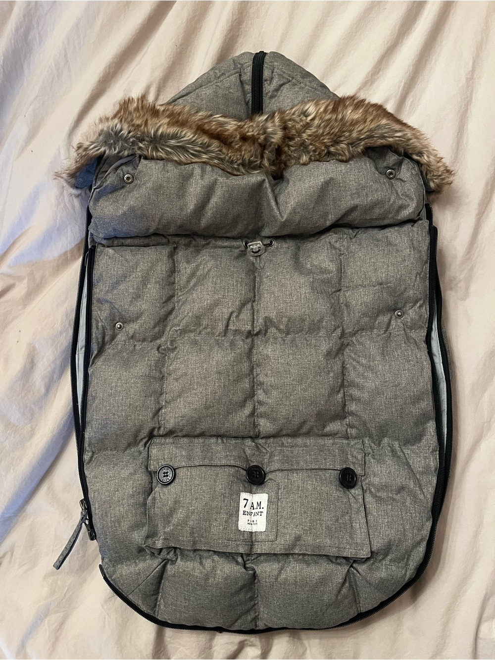 7 A.M. Enfant Grey Quilted Kids Footmuff with Faux Fur Hood